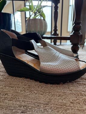 "Fly London silver perforated wedge sandal"